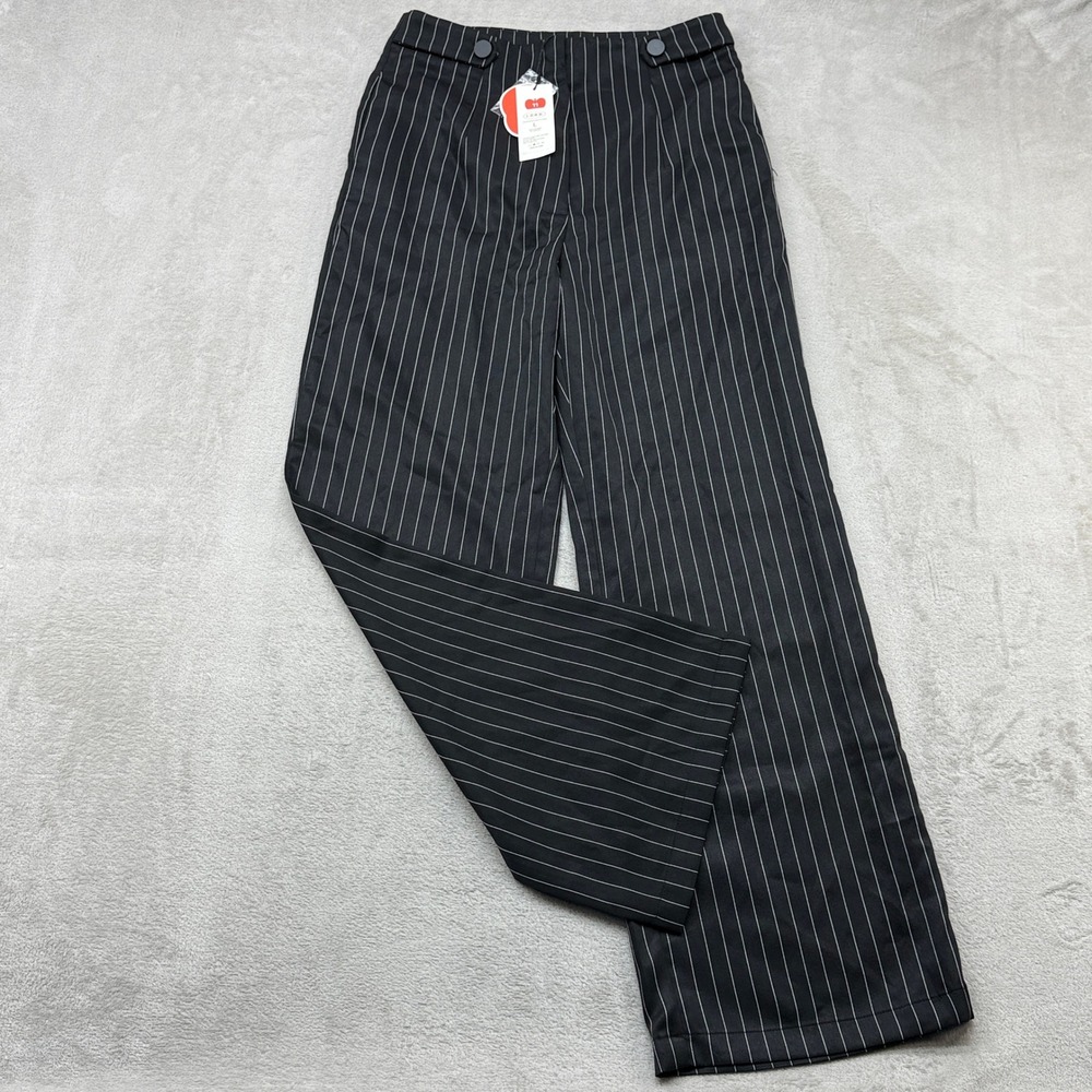 Cider Pinstripe Trousers Womens L Black Wide Leg Hi Rise Button Detail Corp Goth